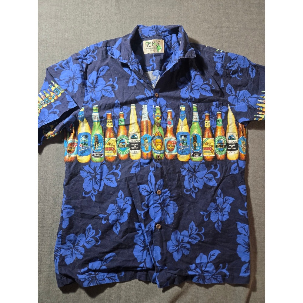 Vintage KY'S Hawaiian Cotton Button Up Shirt Mens Medium IPA Beer Print USA Made